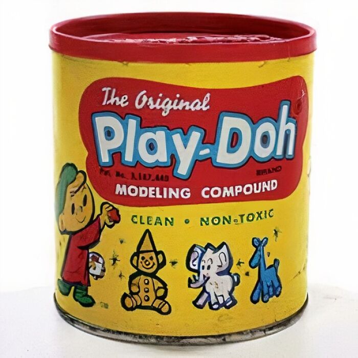 Vintage Play-Doh can with colorful illustrations, evoking nostalgia and making you feel old.