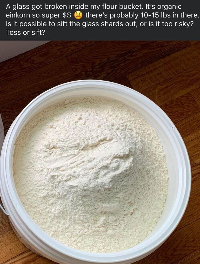 Container of flour with glass shards, highlighting a worst dish dilemma at a potluck.
