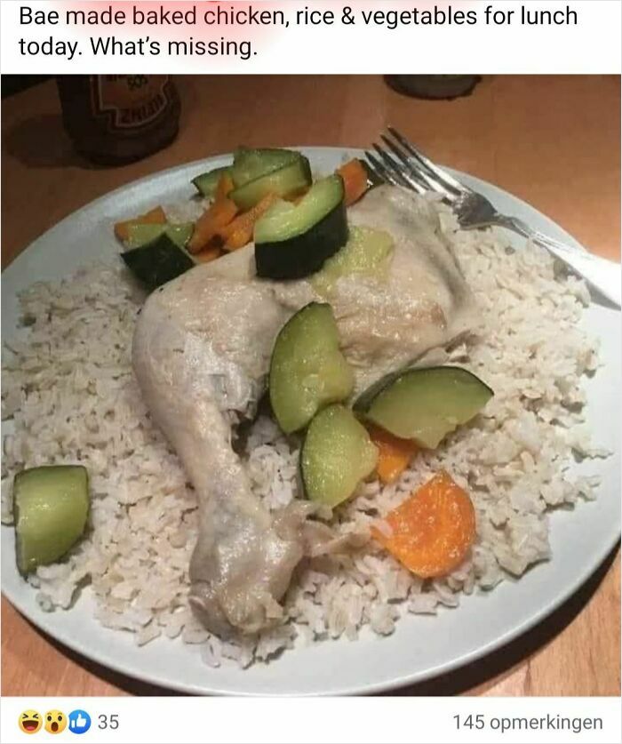 Plate of unappealing baked chicken, rice, and vegetables for potluck meal, served with minimal seasoning.