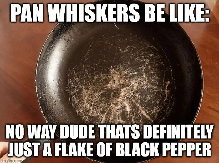 Scratched frying pan with humorous text about black pepper, highlighting potluck dish mishaps.