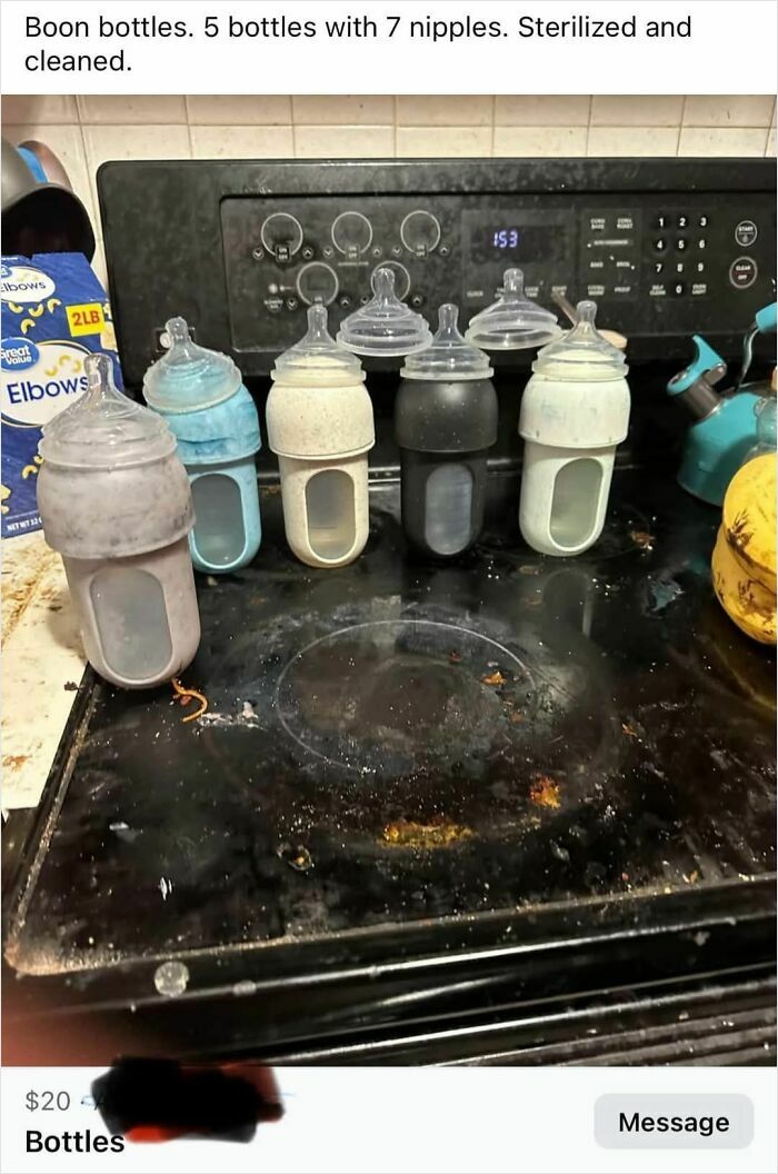 Five baby bottles with nipples on a dirty stovetop, highlighting potluck dish disasters.