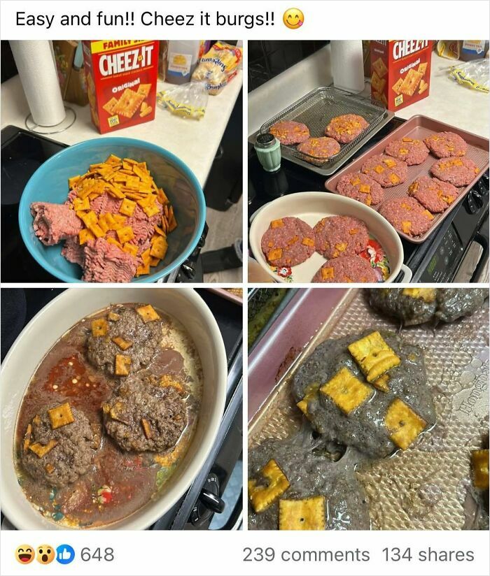 Cheez-It burgers with beef and crackers, showcasing an unconventional dish served at a potluck.