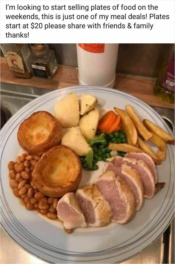 Plate of mismatched food served at a potluck, featuring beans, undercooked meat, and Yorkshire puddings.
