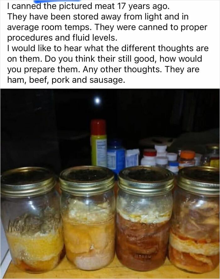 Jars of canned meats from 17 years ago on a kitchen counter, featuring ham, beef, pork, and sausage.