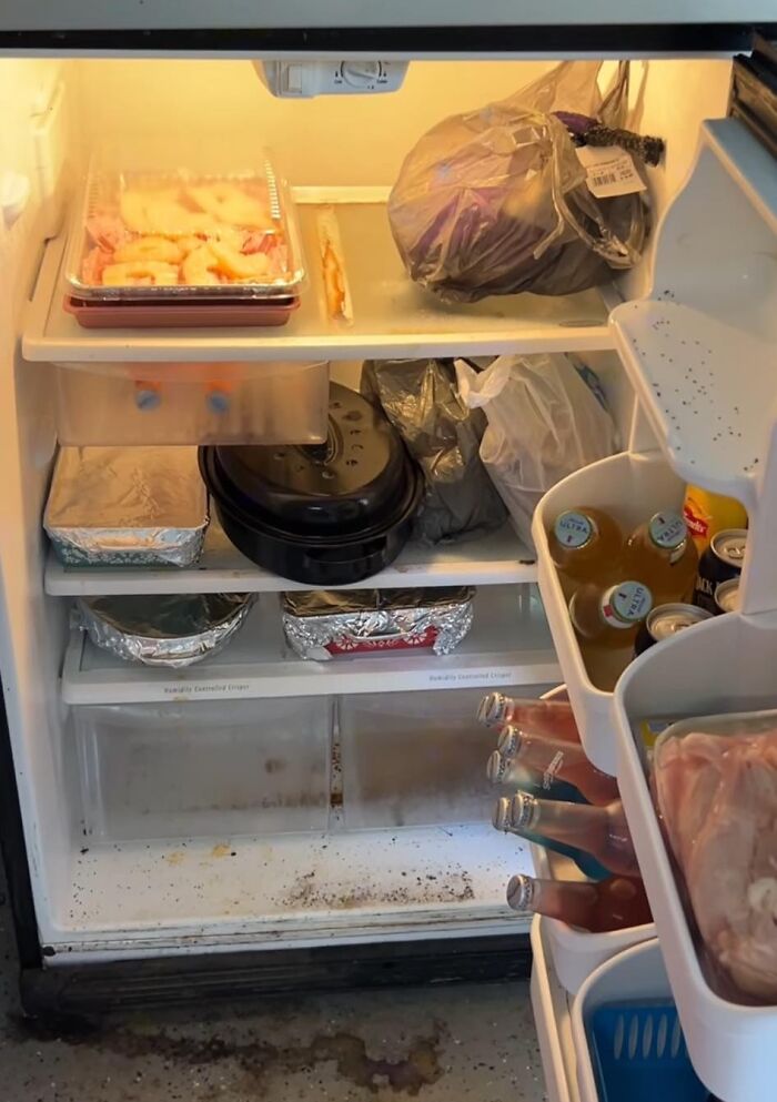 Refrigerator full of unappealing potluck dishes, messy and poorly organized with mismatched containers.
