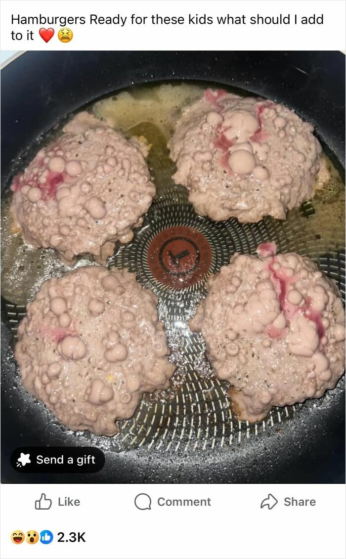 Unappetizing hamburgers cooking, representing worst potluck dishes.