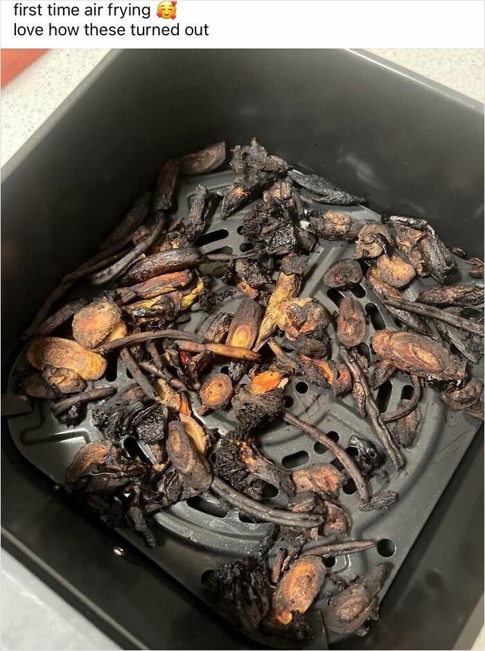 Burnt carrots in an air fryer; a potluck dish gone wrong.