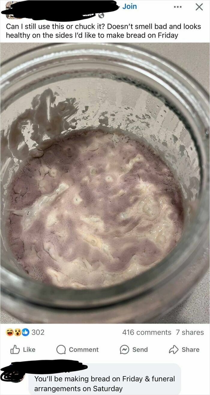 Jar with questionable bread dough, purple spots visible, shared online with humorous comment regarding potluck dish concerns.