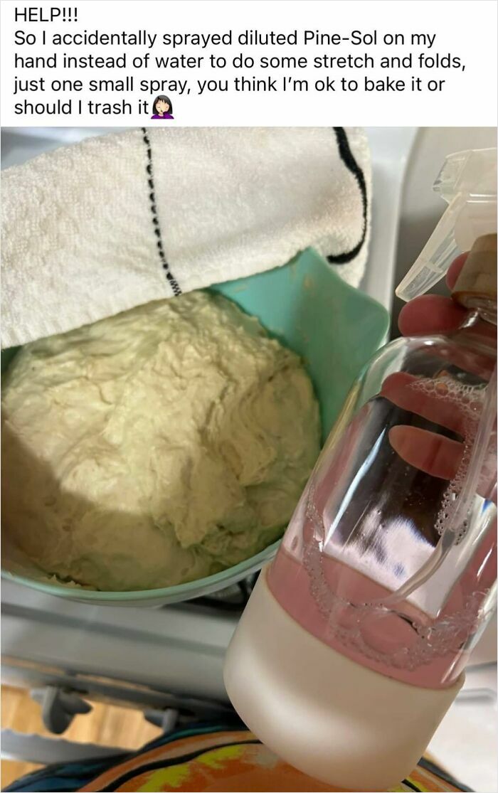 Baking mishap with Pine-Sol sprayed bread dough; unsure if it’s safe to bake or a potluck disaster.