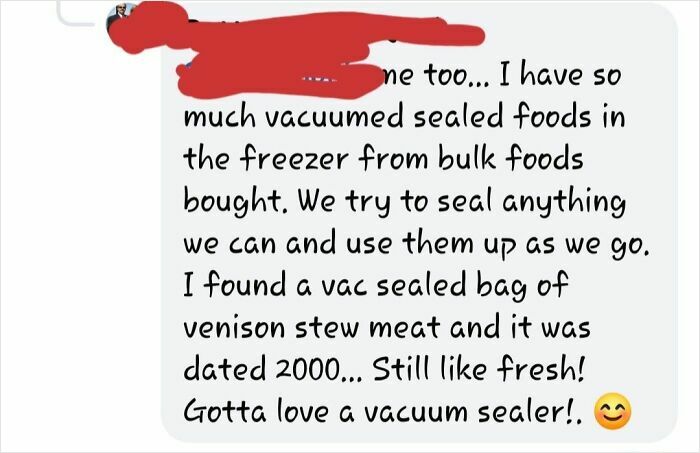 Text message about vacuum-sealed venison stew dated 2000, highlighting a potluck food experience.