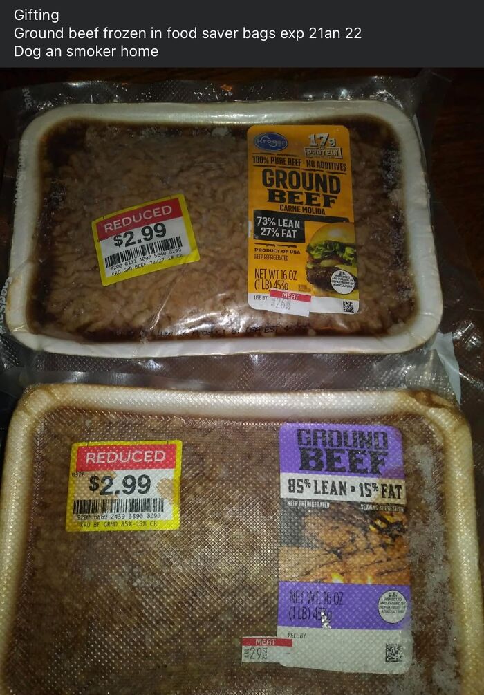 Discounted ground beef in food saver bags, labeled "reduced," with visible expiration dates.