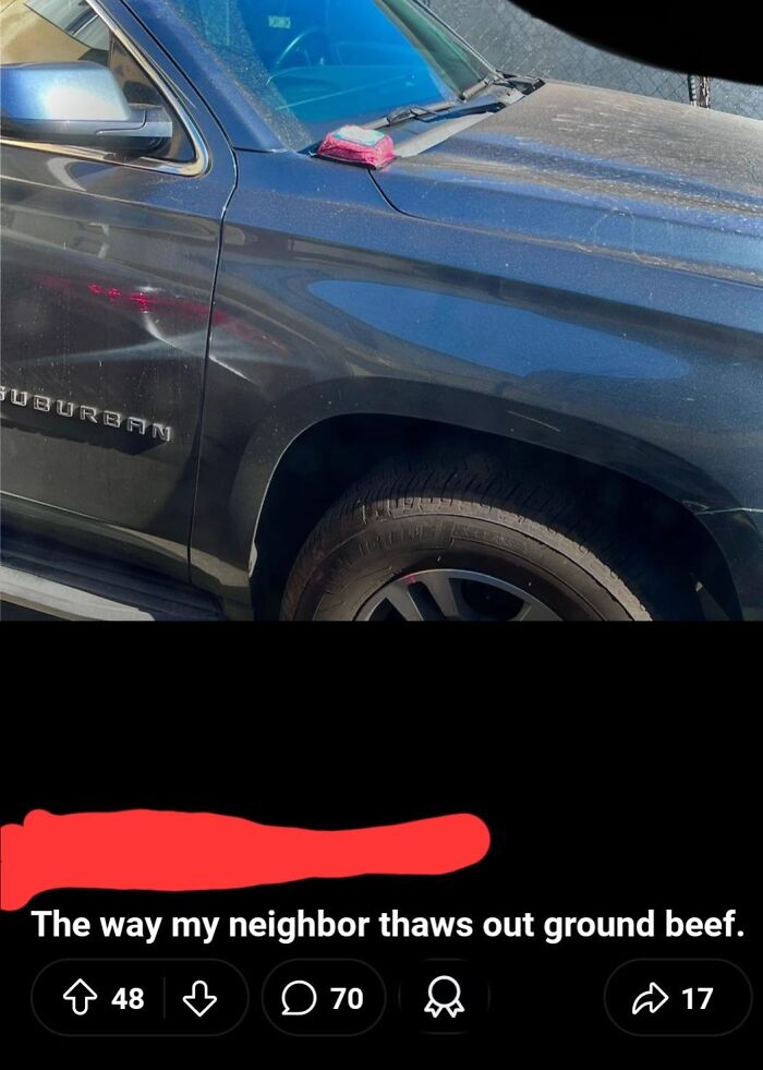Defrosting ground beef on a car hood in the sun, illustrating a potluck dish preparation gone wrong.