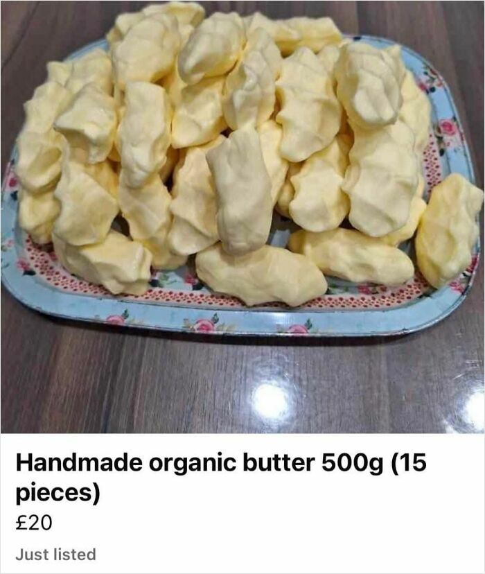 A plate with 15 pieces of handmade organic butter, priced at £20.