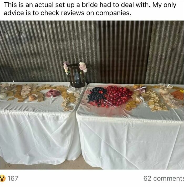 Unappealing potluck table with crackers, berries, and plated meats under a caption about checking company reviews.