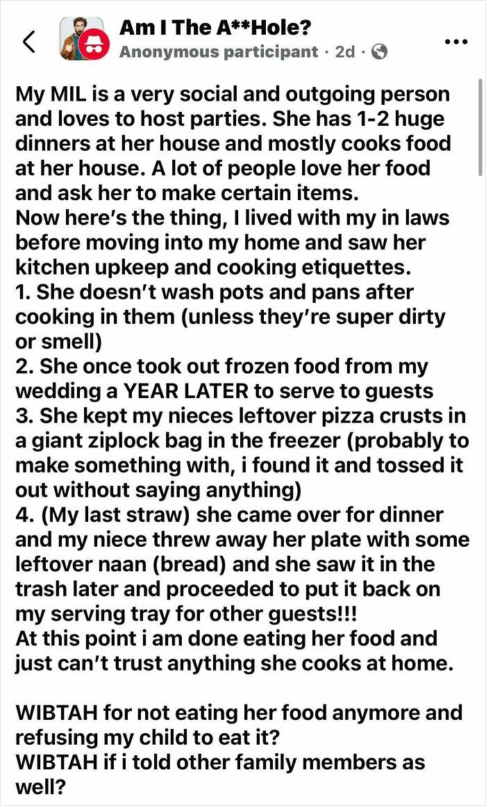 Post about potluck dishes, highlighting concerns over food hygiene and leftovers, shared in an online community.