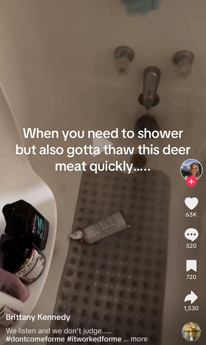 Bathtub with deer meat thawing; text overlay humorously highlights why people avoid potlucks.