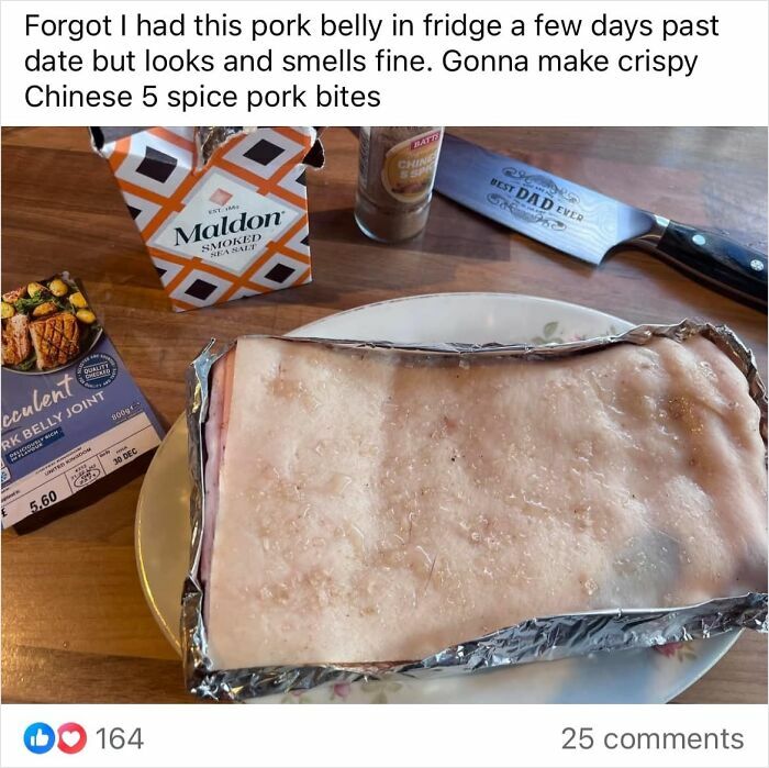Expired pork belly with seasonings on a table, intended for crispy pork bites.