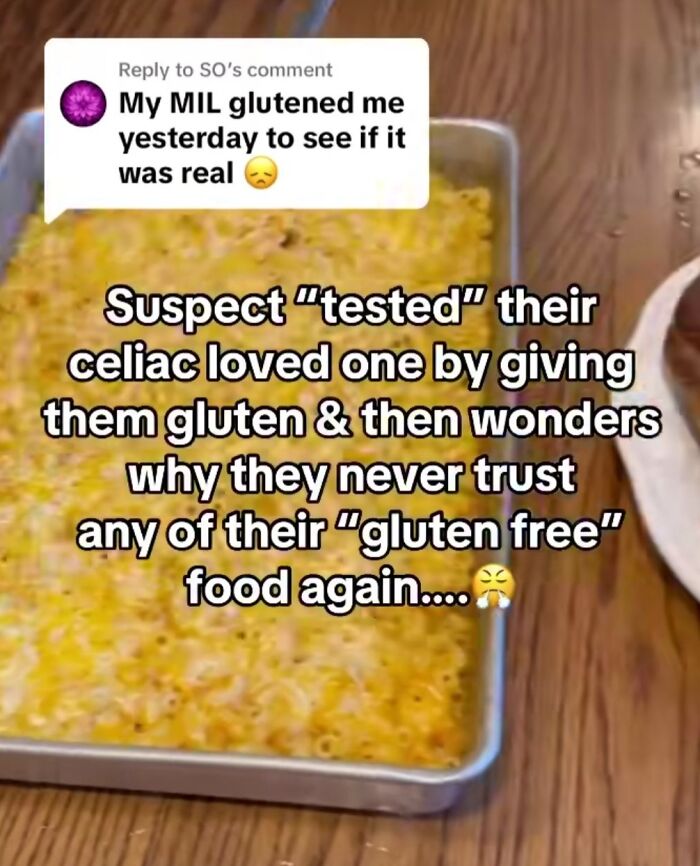 A questionable potluck dish with text sharing a celiac-related incident, questioning trust in "gluten-free" claims.