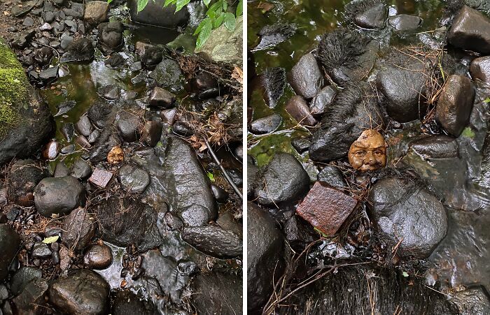 Manchas de agua y piedras en el suelo con una cara humana entre ellas, imagen de una sorpresa encontrada tras mudanza.