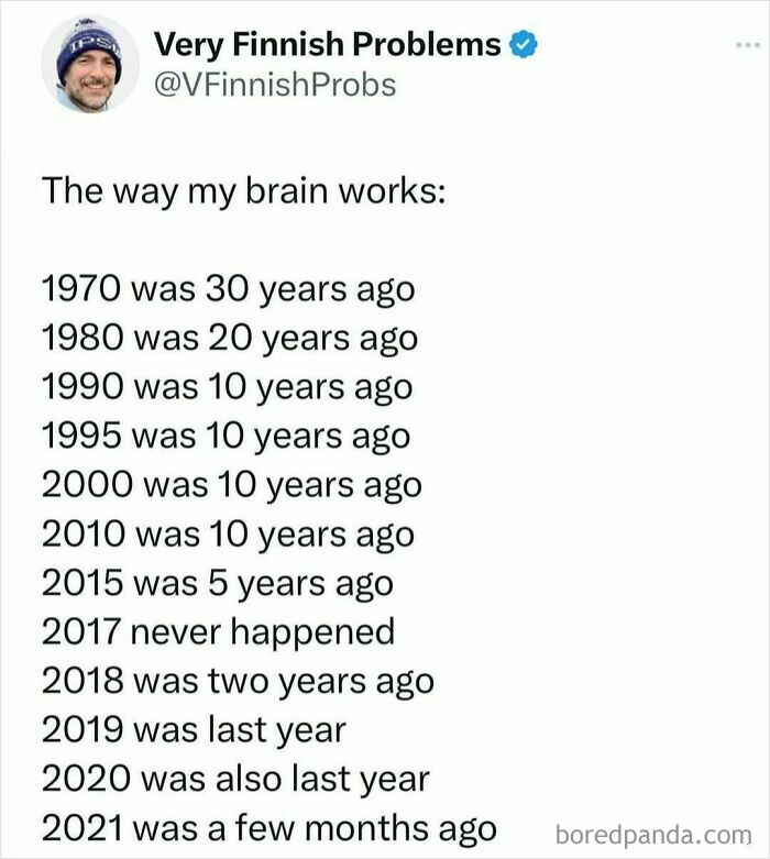 Millennial meme humorously miscalculates years from 1970 to 2021, illustrating distorted perception of time passage.