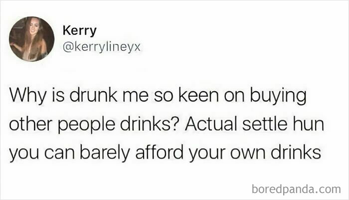 Funny meme about buying drinks, reflecting on growing up British humor, with text about being drunk and generous with money.