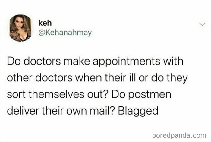 Tweet about doctors and postmen asking humorous questions, linked to growing up British humor.