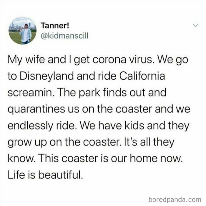 Funny meme about quarantine at Disneyland, depicting life on a roller coaster with kids growing up there.
