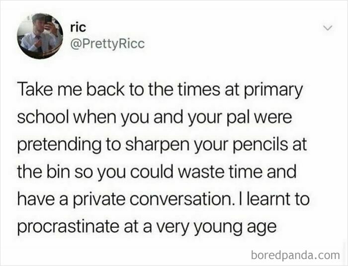 Funny meme about growing up British, recalling school days spent pretending to sharpen pencils to chat with friends.