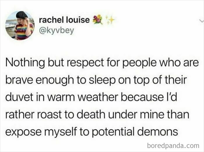 Tweet about respecting those sleeping on top of duvets in warm weather; a funny take on British humor.