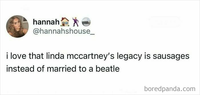 Tweet text joking about Linda McCartney's legacy with sausages instead of being married to a Beatle. "Growing Up British" humor.