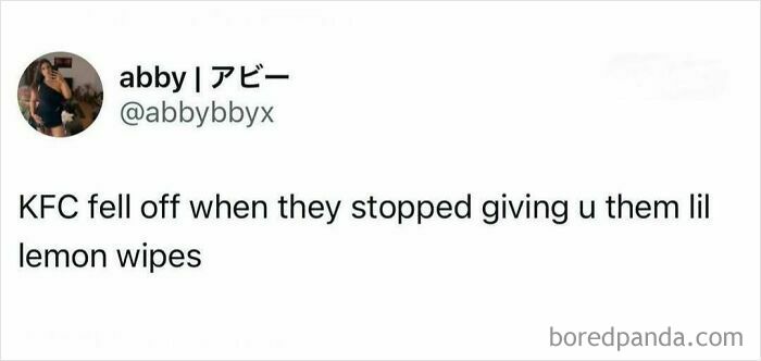 Funny British meme about KFC missing lemon wipes, reflecting nostalgic humor.