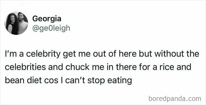 Tweet humorously comparing reality TV diet with growing up British's eating habits.