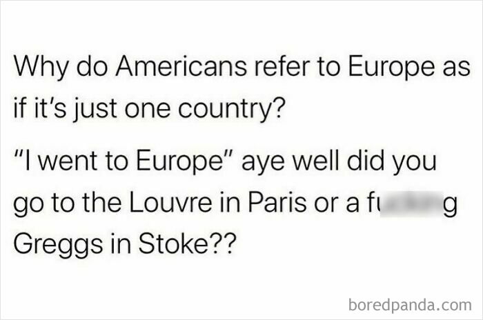 Text meme about growing up British humorously comparing visiting the Louvre in Paris to Greggs in Stoke.
