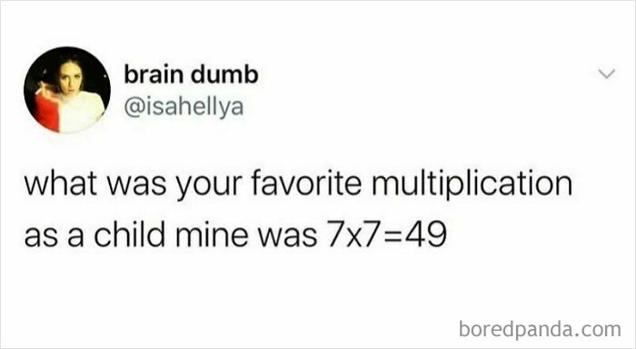 Tweet about childhood math humor, featuring a funny multiplication memory, linked to growing up British.