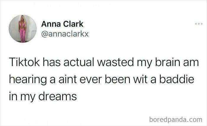 Tweet meme about TikTok humorously affecting the brain, highlighting funny British growing up experiences.