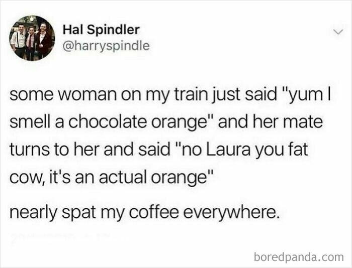 Funny meme about a chocolate orange mix-up on a train, capturing a humorous moment of growing up British.