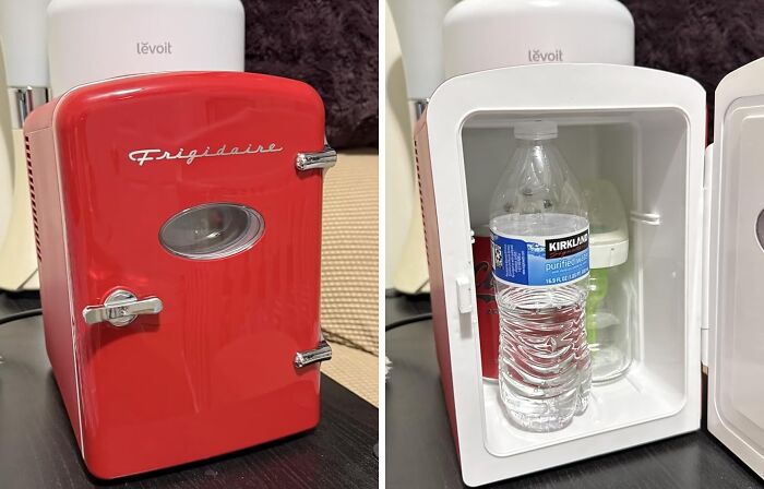Red Frigidaire mini fridge holding bottled drinks, a unique gift idea.