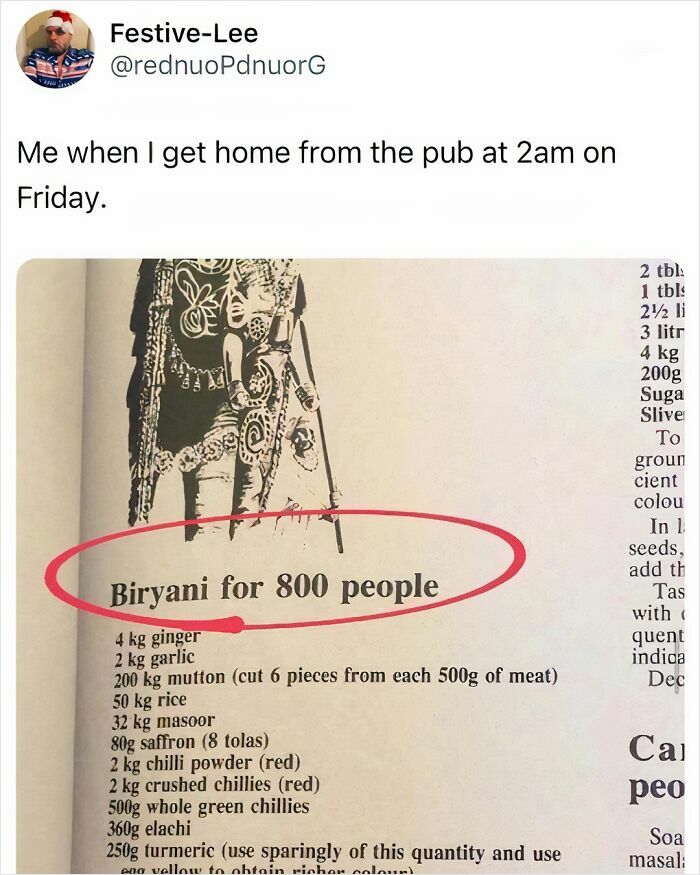 Recipe for biryani serves 800 people, humorously linked to late-night hunger after pub in British meme.