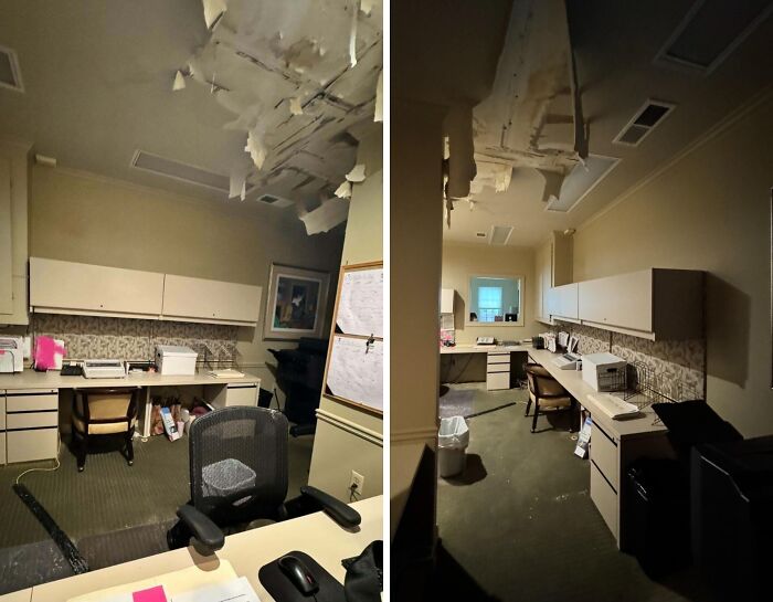 Office with damaged ceiling, poorly maintained environment highlighting infuriating bosses and neglectful superiors.