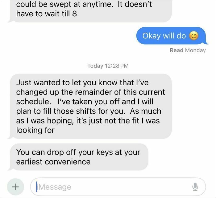 Text exchange showcasing an infuriating boss removing an employee from schedule unexpectedly.