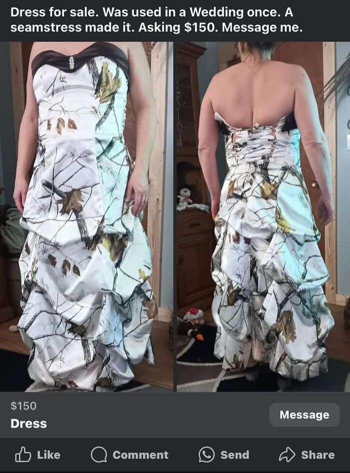 Woman wearing a camouflage wedding dress, considered a fashion crime, listed for sale at $150.