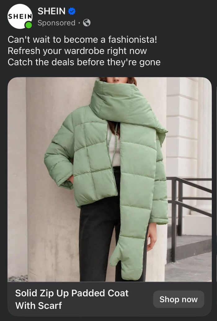 Green padded coat with attached scarf, promoting unique fashion designs in an outdoor setting.