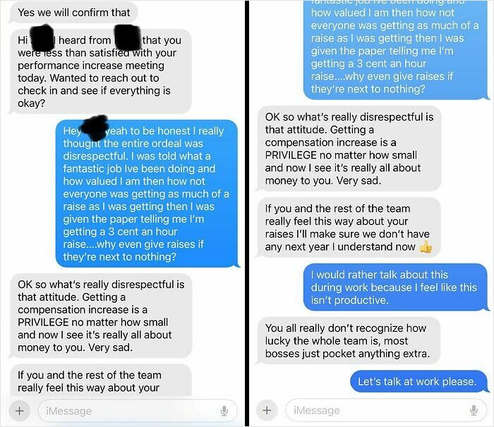 Text exchange showing an infuriating boss dismissing an employee's concerns about a minimal raise, implying it's a privilege.