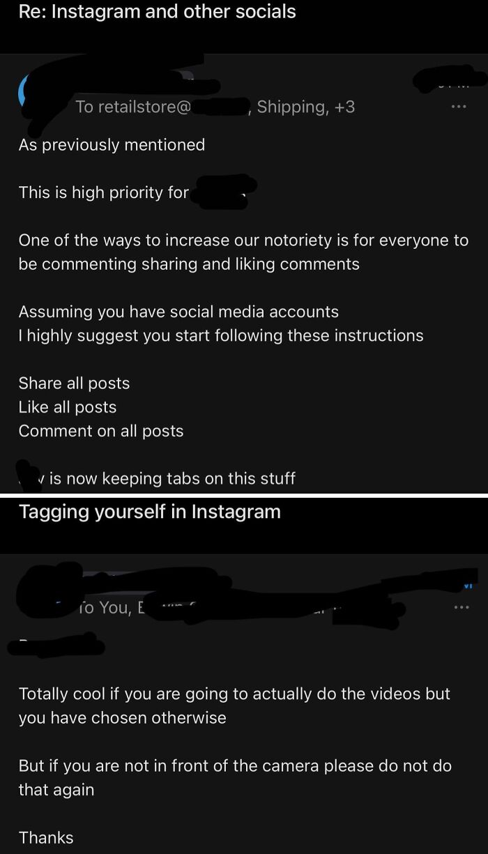 Email screenshot of a demanding boss, instructing staff on social media activity.