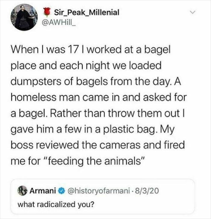 Tweet about a boss firing an employee for giving leftover bagels to a homeless man, illustrating infuriating superiors.