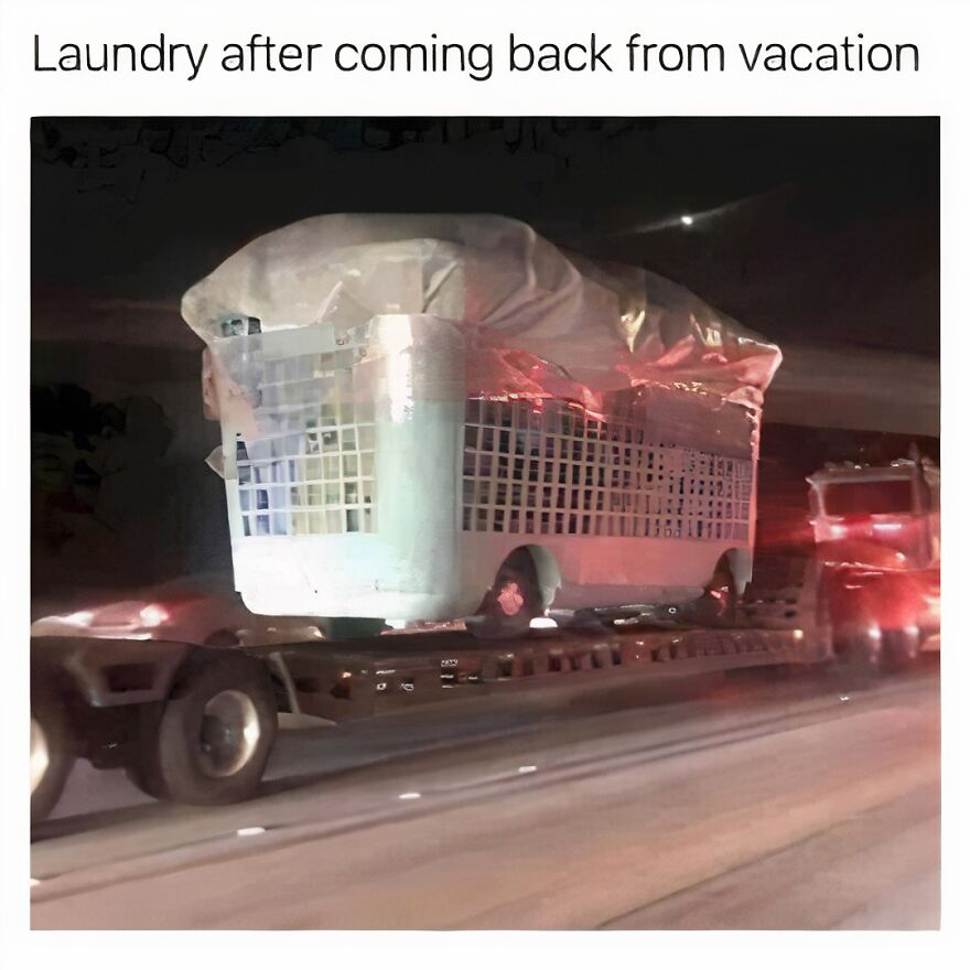 Giant laundry basket humorously loaded on a truck, symbolizing parenthood chaos and chores after vacation.