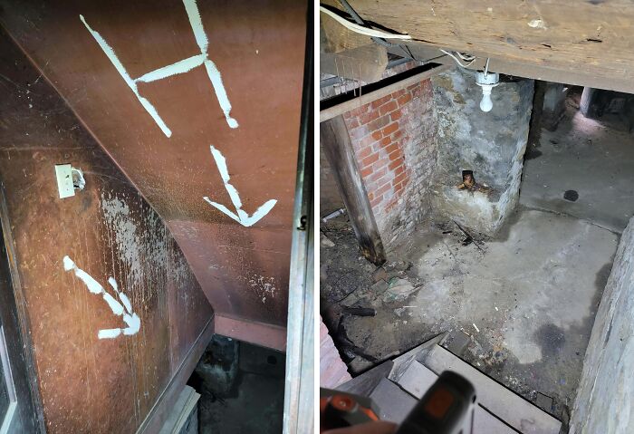 Creepy hidden basement discovered in a home with mysterious arrows on the wall.