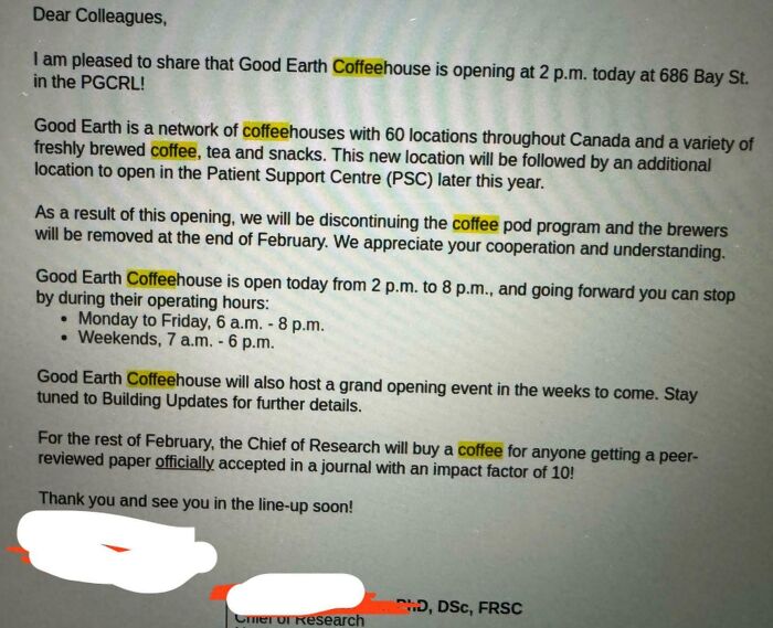 Announcement about Good Earth Coffeehouse opening at PGCRL, including opening hours and a coffee offer from the Chief of Research.