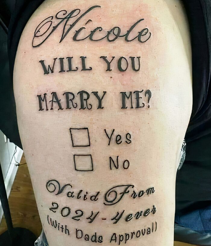 Tattoo proposal on skin with checkbox design, humorous permanent ink mistake.