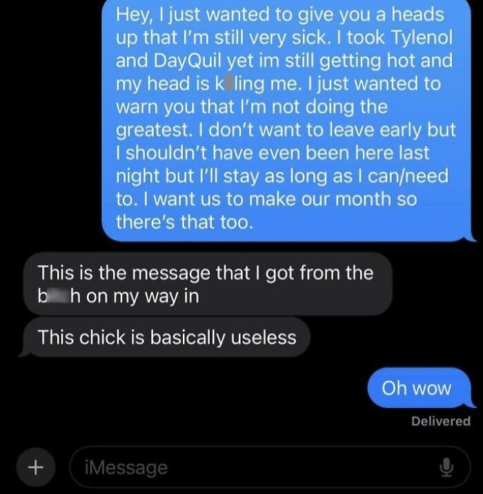 Texts reveal a conversation with a boss criticizing an employee while sick, highlighting infuriating superiors.